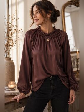 H&M NWT Chocolate Brown Satin Mock Neck Balloon‎ Sleeve Blouse Small Oversized